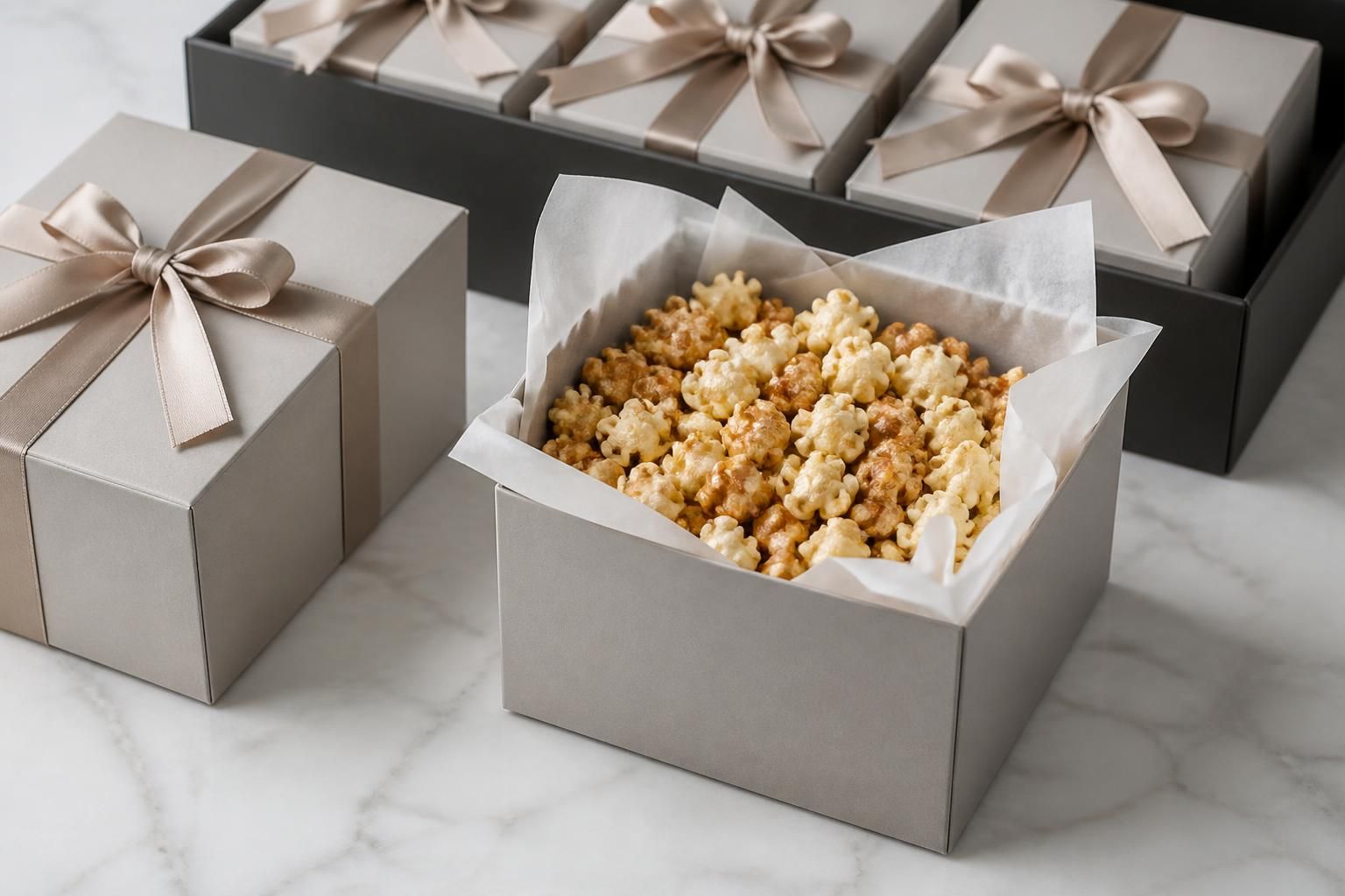 Elegant popcorn giveaway boxes arranged on a clean surface.