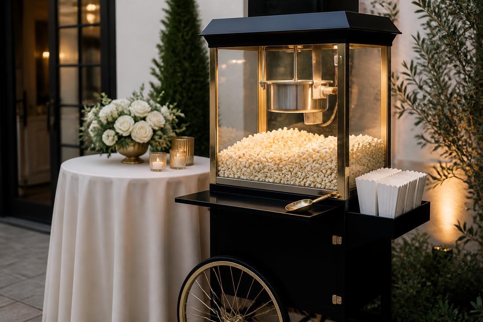 Experiential marketing pop-up with a polished popcorn cart.