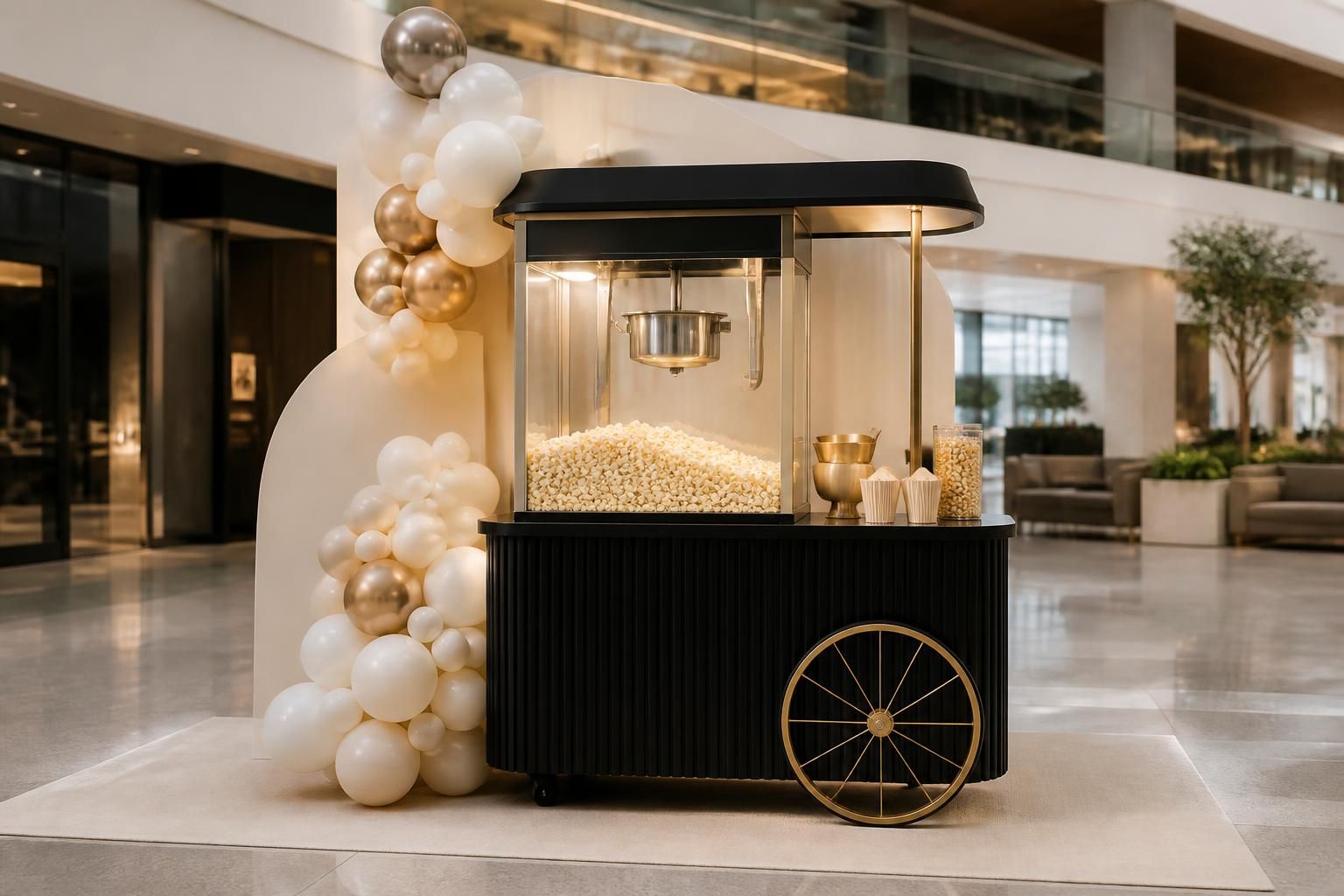 Refined popcorn kiosk in a shopping centre event space.
